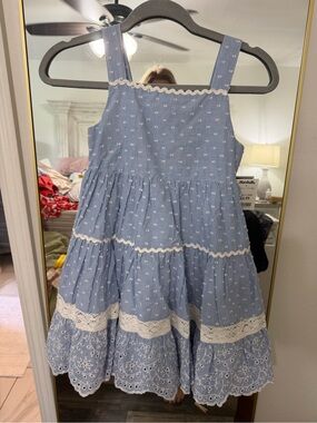 Shabby Chic Light Blue Eyelet Tiered Dress with White Lace Trim